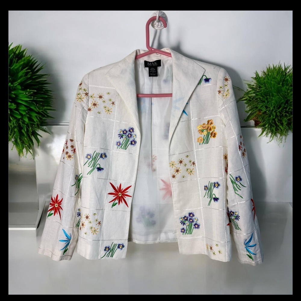 MAK OF NEW YORK SZ 6 LINEN EMBROIDERY BLAZER JACKET CAREER CORPORATE FLORAL